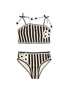 Rachel Zoe Girls Size 7 Cream Black Stripe 2-Piece Swimsuit Floral